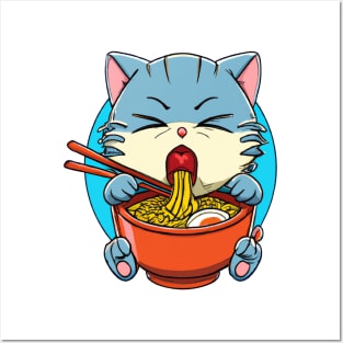 Cute cat eating ramen Posters and Art